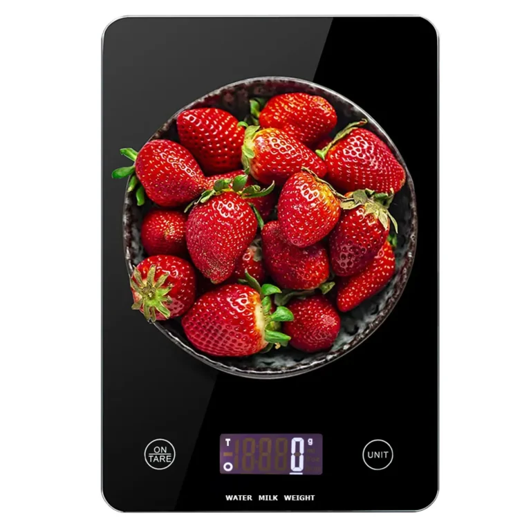 Elektronikus konyhai üveg mérleg LCD kijelzővel 1 g - 5 kg, csúszásmentes lábakkal, 19,5 cm x 14,5 cm, fekete