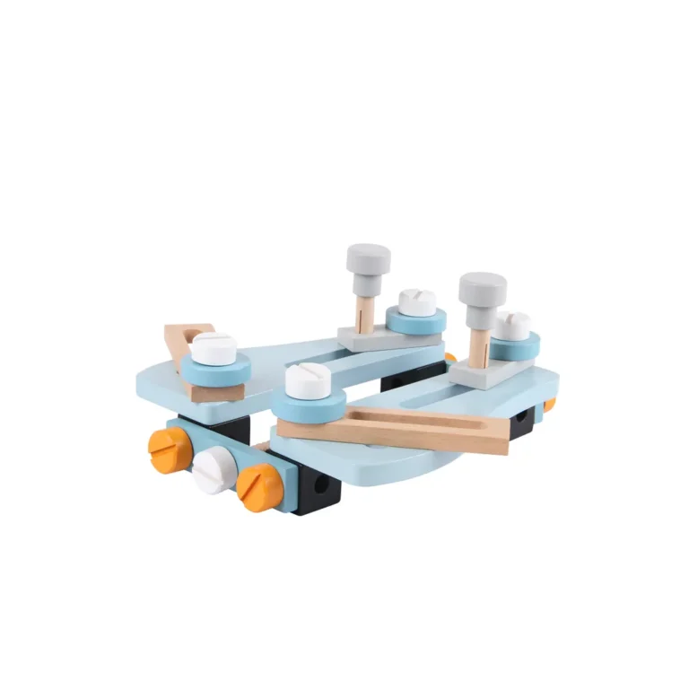 Ecotoys fa mini barkács asztal szerszámokkal, építőelemekkel, 52 db-os készlet, kék-fekete-fa szín