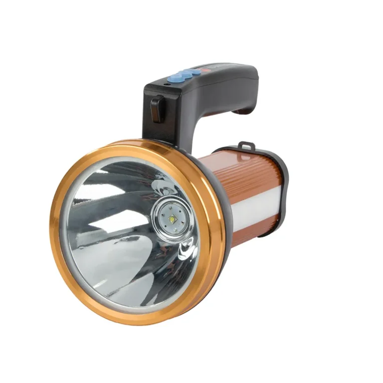 Akkumulátoros kézi kemping LED refklektor oldalvilágítással, powerbank funkcióval, vállpánttal, 100w, 19x15x14 cm, aranysárga