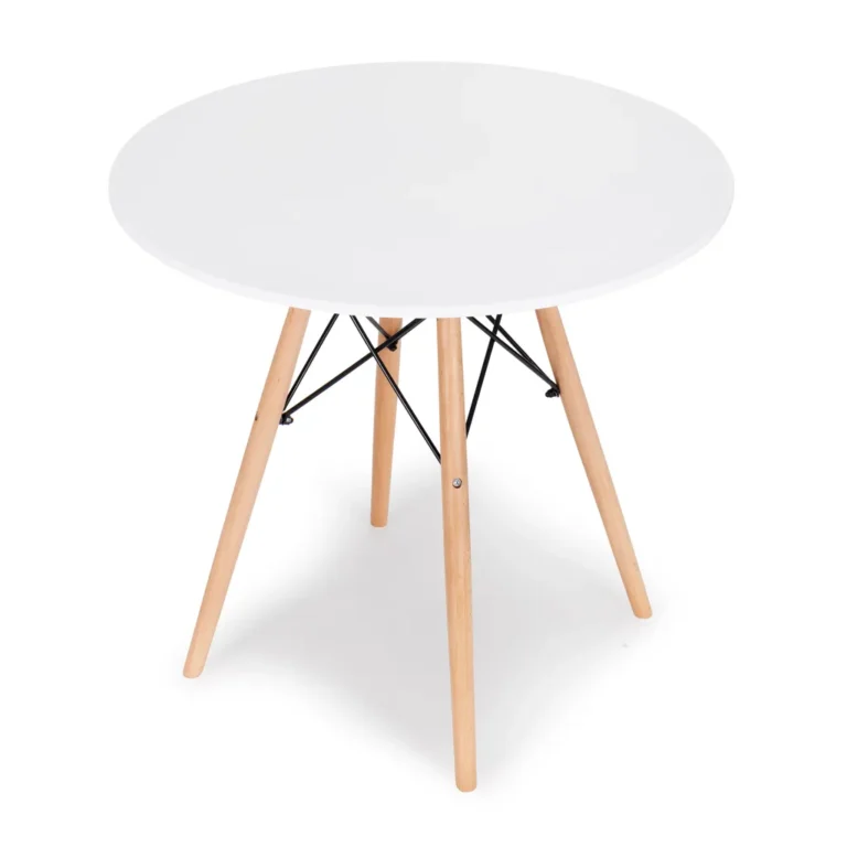 Modern kör alakú étkezőasztal bükkfa lábakkal, rácsos díszítő elemmel, 80 cm, fehér-fa szín