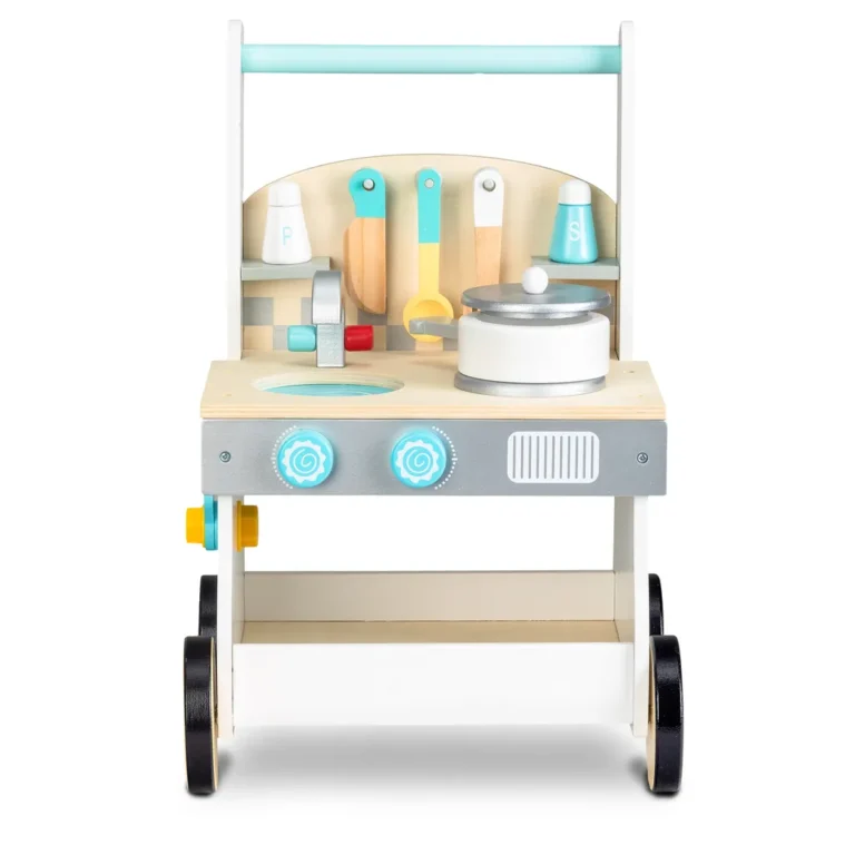 Ecotoys fa mobil gyermek konyha kerekekkel, órával, kiegészítőkkel, színes