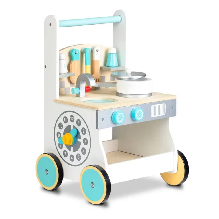 Ecotoys fa mobil gyermek konyha kerekekkel, órával, kiegészítőkkel, színes