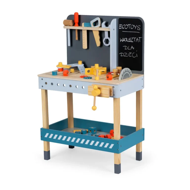 Ecotoys fa barkács asztal szerszámokkal, kiegészítőkkel, 47 db-os készlet, 80x50x29.5 cm, kék-fekete-fa szín