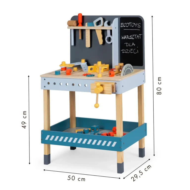 Ecotoys fa barkács asztal szerszámokkal, kiegészítőkkel, 47 db-os készlet, 80x50x29.5 cm, kék-fekete-fa szín