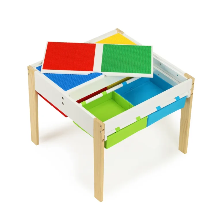 Ecotoys fa gyermekasztal építőkocka alapokkal és belső játéktárolókkal, (60.5x60.5x50 cm) 2 db székkel, színes-fehér