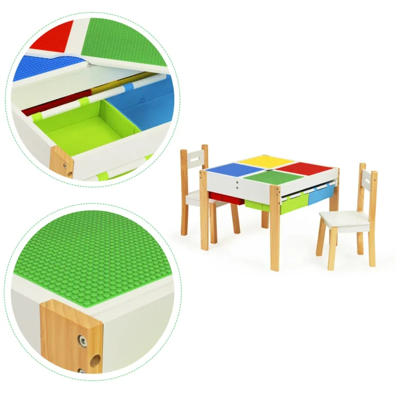 Ecotoys fa gyermekasztal építőkocka alapokkal és belső játéktárolókkal, (60.5x60.5x50 cm) 2 db székkel, színes-fehér