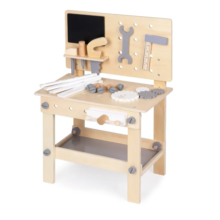 ECOTOYS fa barkácsasztal gyermekeknek szerszámokkal, kiegészítőkkel, 45x26x66 cm, natúr színek