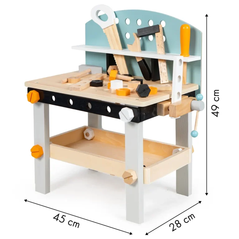 Ecotoys fa barkács asztal szerszámokkal, kiegészítőkkel, 32 db-os készlet, 45x28x49 cm, kék-fekete-fa szín