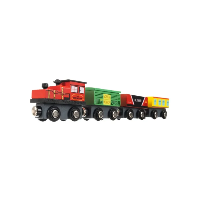 12 darabos, színes, mágneses fa vonat fadobozban, 33x20x3 cm