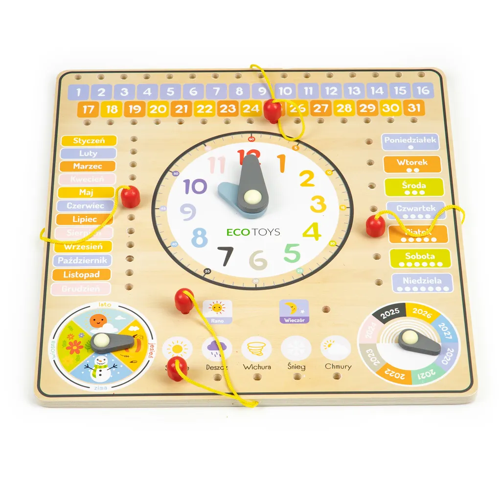 ECOTOYS fa interaktív oktató tábla órával, naptárral, 30×30 cm, színes