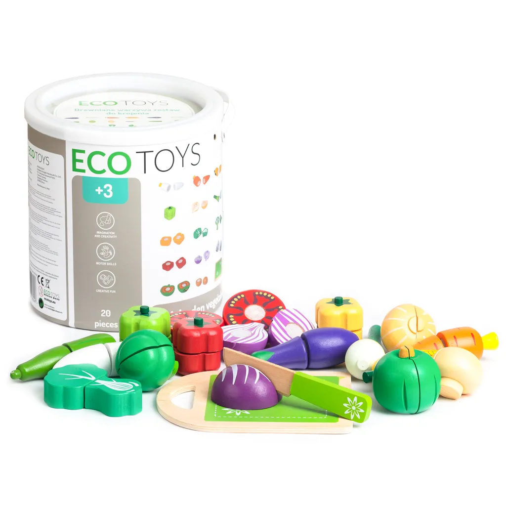 Ecotoys fából készült vágható zöldségek tépőzárral, 20db-os készlet, színes
