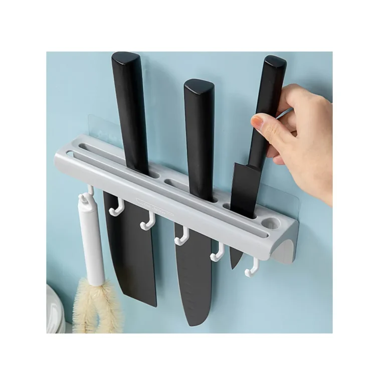 Falra szerelhető konyhai kiegészítő- és késtartó akasztókkal, 25,7cm x 6cm x 5,5 cm, fehér/szürke színben