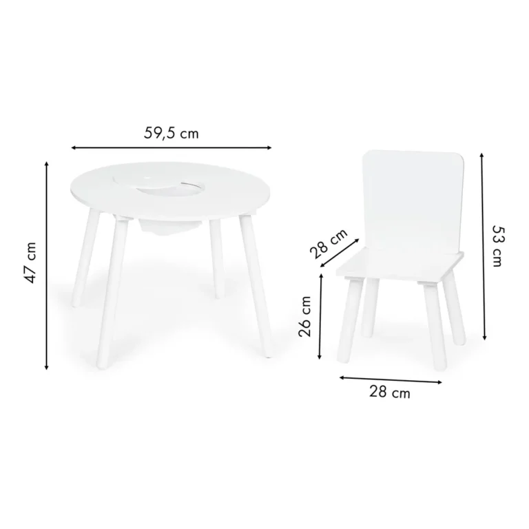Ecotoys fa kerek gyermekasztal (59.5 cm) 2 db székkel, középső játéktárolóval, fehér