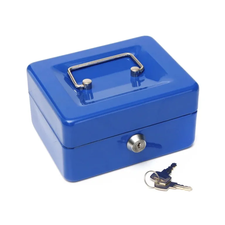 Fém pénzszekrény kivehető rekeszekkel, 2 kulccsal, 15cm x 12cm x 8cm, kék