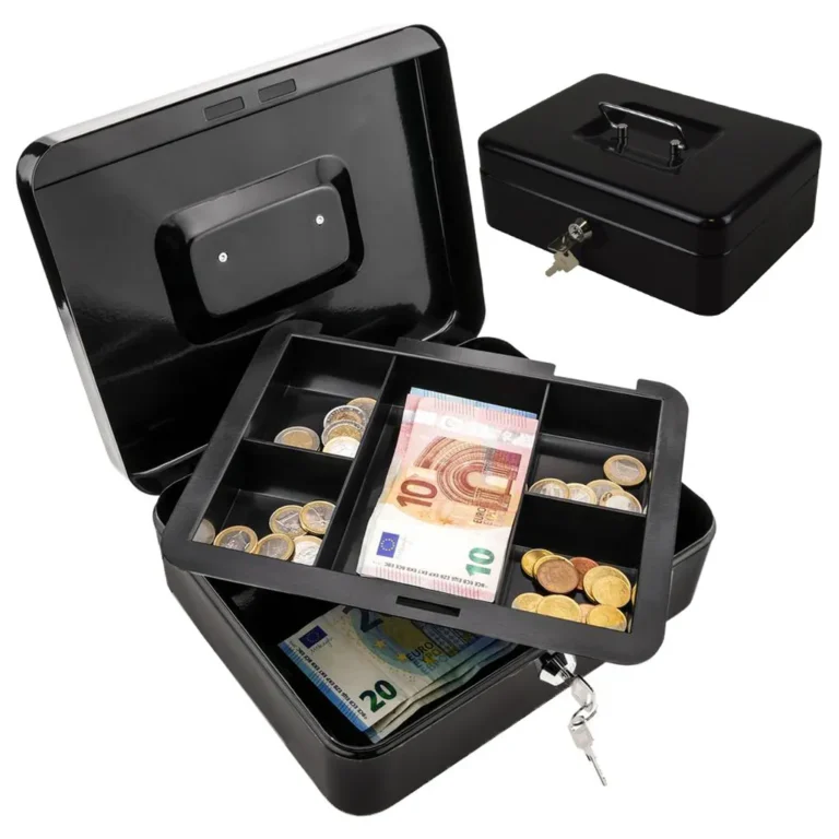 Fém pénzszekrény kivehető fiókkal, kulccsal, 30cm x 24cm x 9cm, fekete