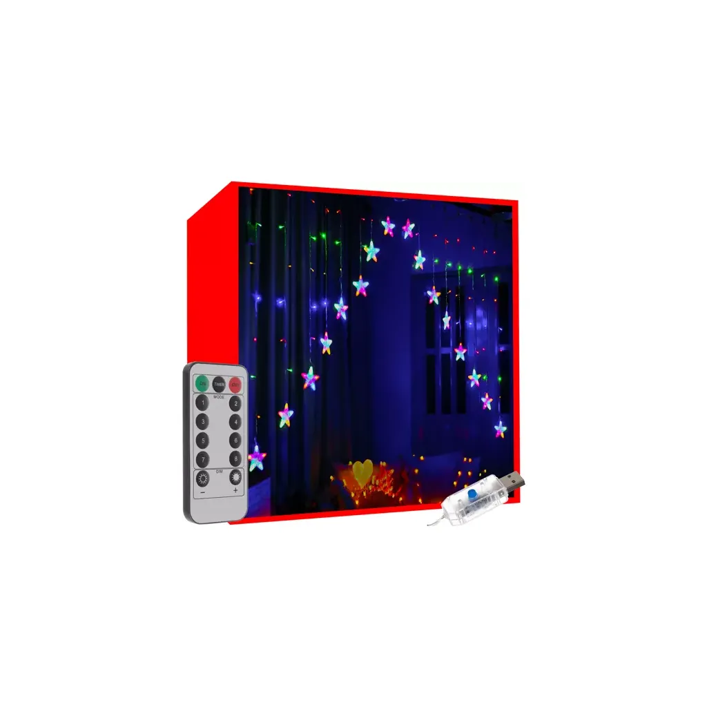 Csillagos fényfüggöny, 136 LED, USB, távirányítós, színes, 245 cm