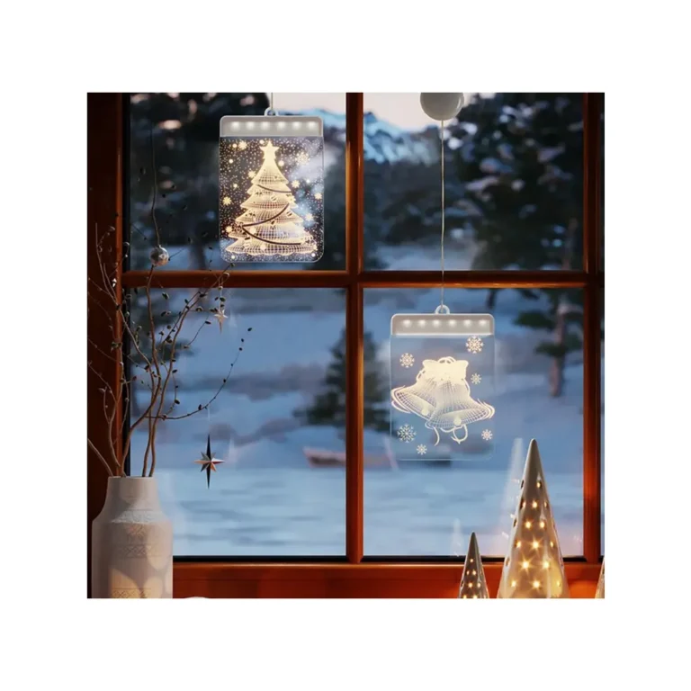 Festett üveg led 3d-s ablak dekoráció, karácsonyi fény, csengő minta, 11.5cm x 17cm, meleg fehér