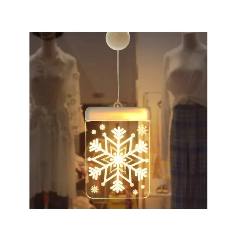 Festett üveg led 3d-s ablak dekoráció, karácsonyi fény, hópehely minta, 11.5cm x 17cm, meleg fényű