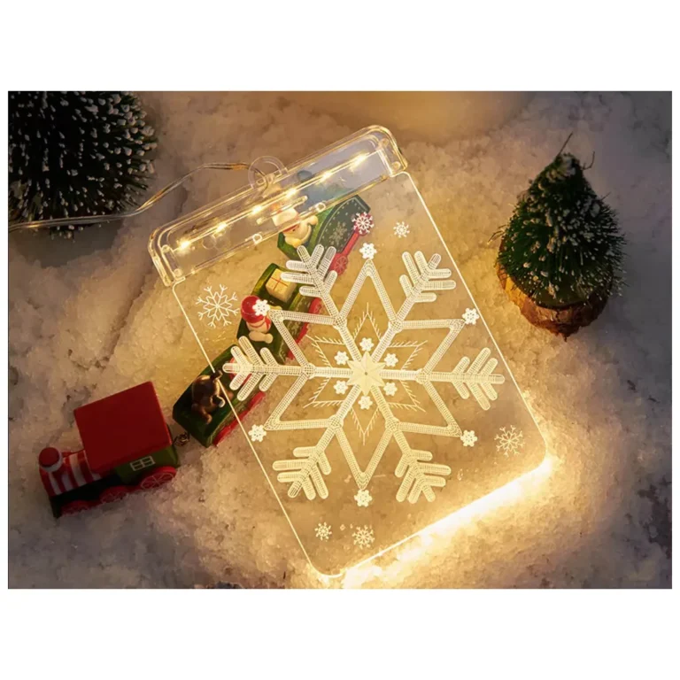 Festett üveg led 3d-s ablak dekoráció, karácsonyi fény, hópehely minta, 11.5cm x 17cm, meleg fényű