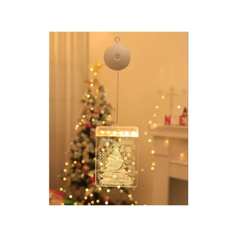 Festett üveg led 3d-s ablak dekoráció, karácsonyi fény, karácsonyfa minta, 17cm x 11.5cm, meleg fehér