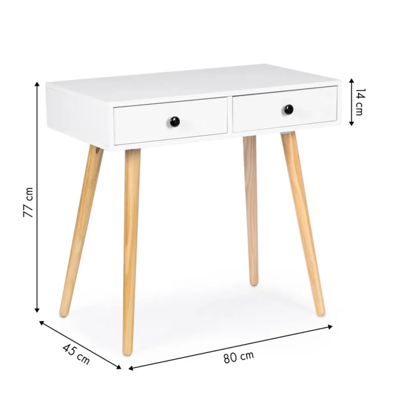 2 fiókos fésülködőasztal fenyőfa lábakkal, 77x45x80 cm, fehér