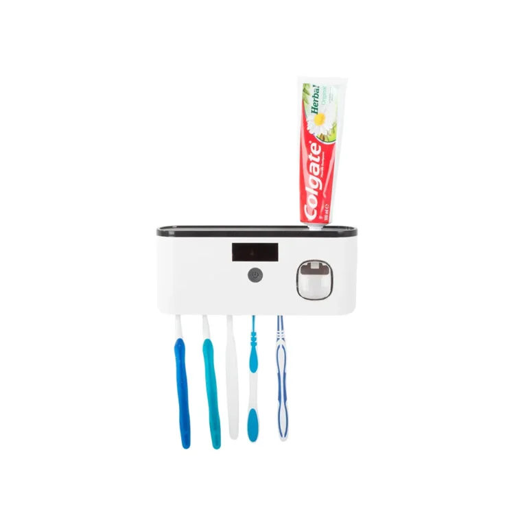 UV fogkefe fertőtlenítő tároló fogkrém adagolóval, USB töltés, fekete-fehér és szürke-fehér, 22x9x6 cm