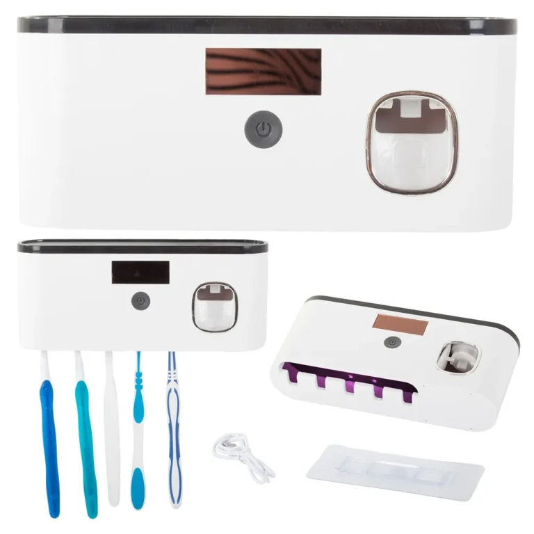 UV fogkefe fertőtlenítő tároló fogkrém adagolóval, USB töltés, fekete-fehér és szürke-fehér, 22x9x6 cm