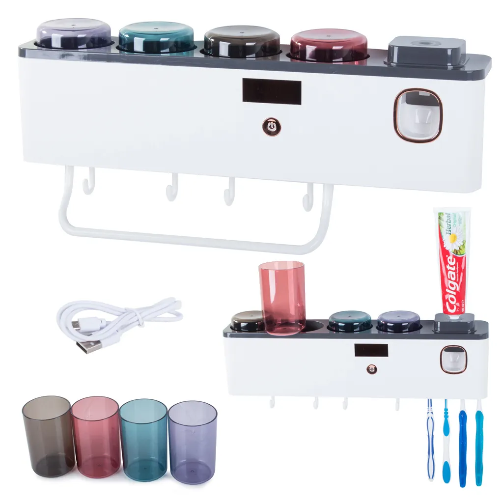 UV fogkefe fertőtlenítő tároló fogkrém adagolóval, 4 pohárral, rekeszekkel, USB töltés, zöld-fehér, világosszürke-fehér, sötétszürke-fehér, 40x10x8 cm