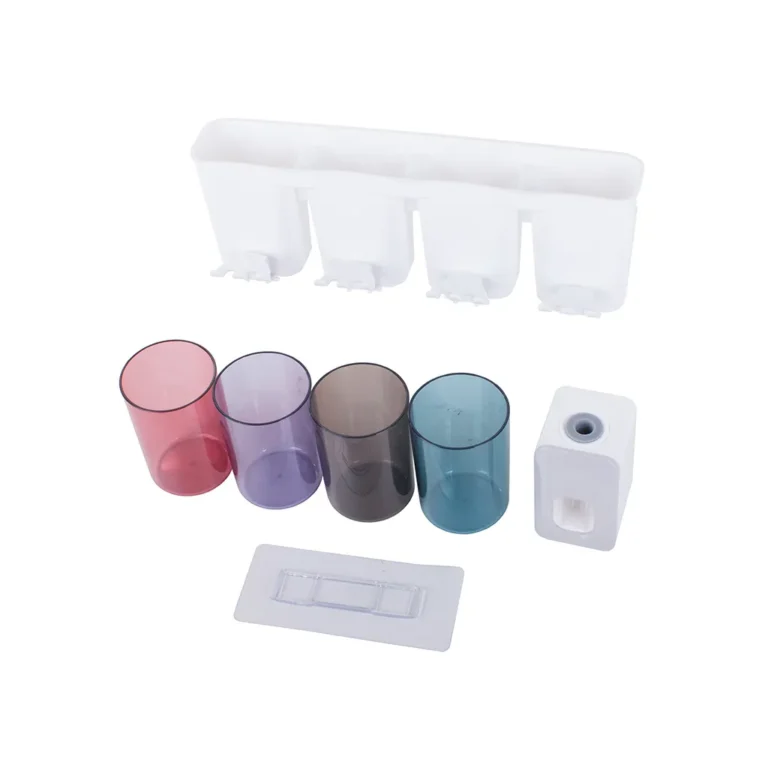 Tapadókorongos fürdőszobai fogmosó- és sminkkészlet-tartó 4 pohárral, fehér, 31,5x10x6 cm