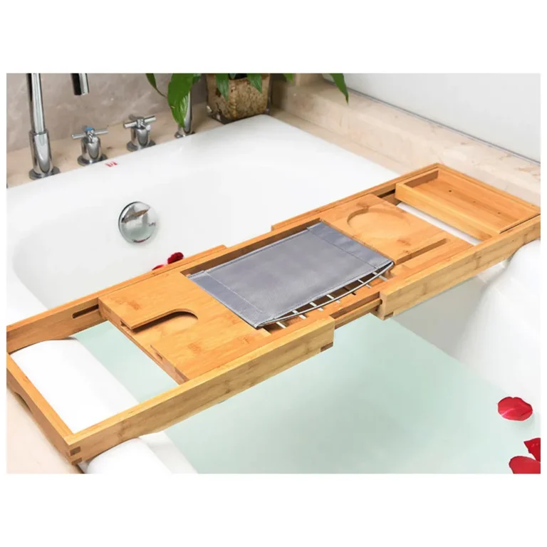 Állítható szélességű bambusz fürdőkád tálca, 4x22x70-103 cm