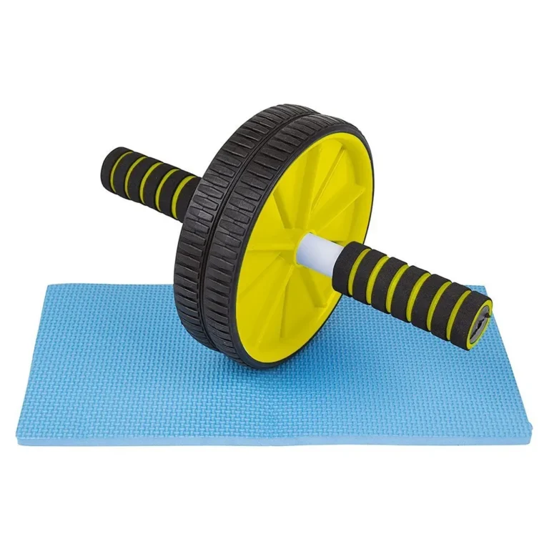 Fitnesz dupla görgős kerék edzőszőnyeggel, 17.5cm átmérő, sárga/kék