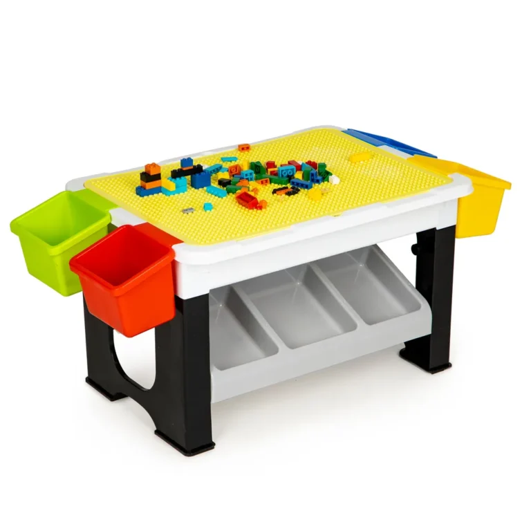 Jétszóasztal rekeszekkel, alaplappal, 67,5x35x30 cm 300 db LEGO stílusú építőelemmel
