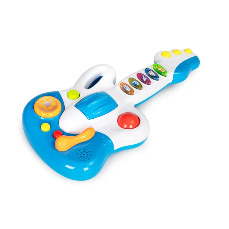 Gyermek elektromos gitár 5 színes gombbal, dallamokkal, 37x18x7,5 cm,  kék-fehér