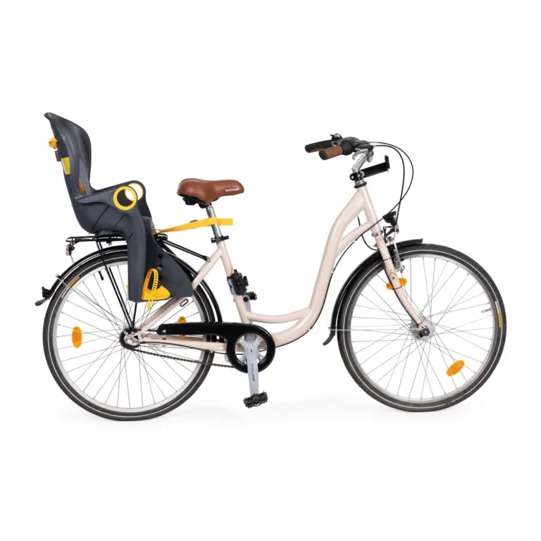Csomagtartóra szerelhető kerékpáros gyerekülés 3 pontos biztonsági övvel, max. 22 kg, 37x39x77 cm, szürke-sárga