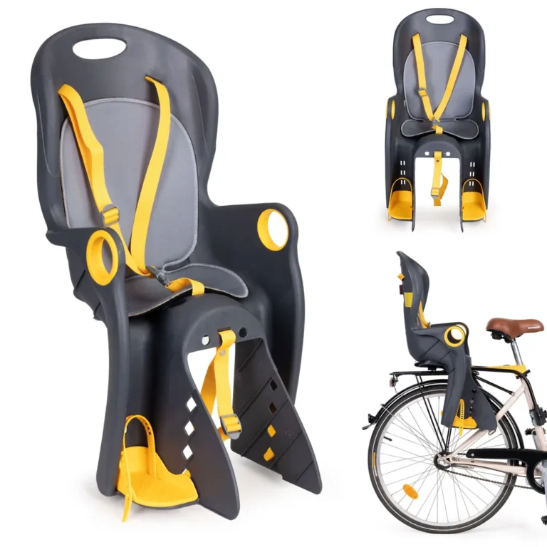 Csomagtartóra szerelhető kerékpáros gyerekülés 3 pontos biztonsági övvel, max. 22 kg, 37x39x77 cm, szürke-sárga