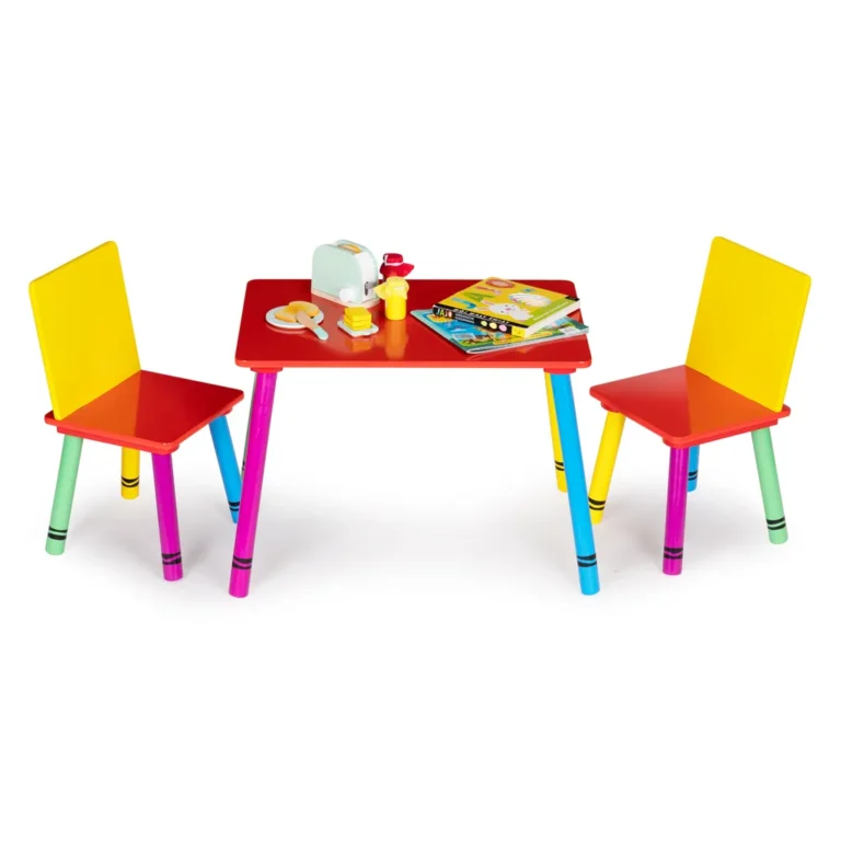 Ecotoys színes fa gyermekasztal (60x40x43.5 cm) 2 db székkel