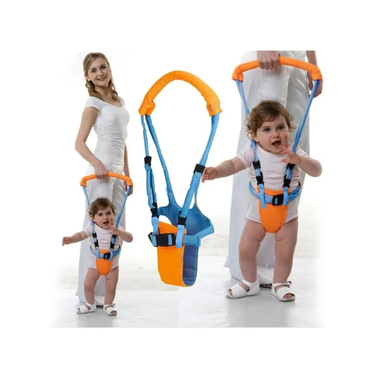 Járássegítő hám babák számára párnázott hordozófogantyúval, 6-14 hó, kék-narancssárga