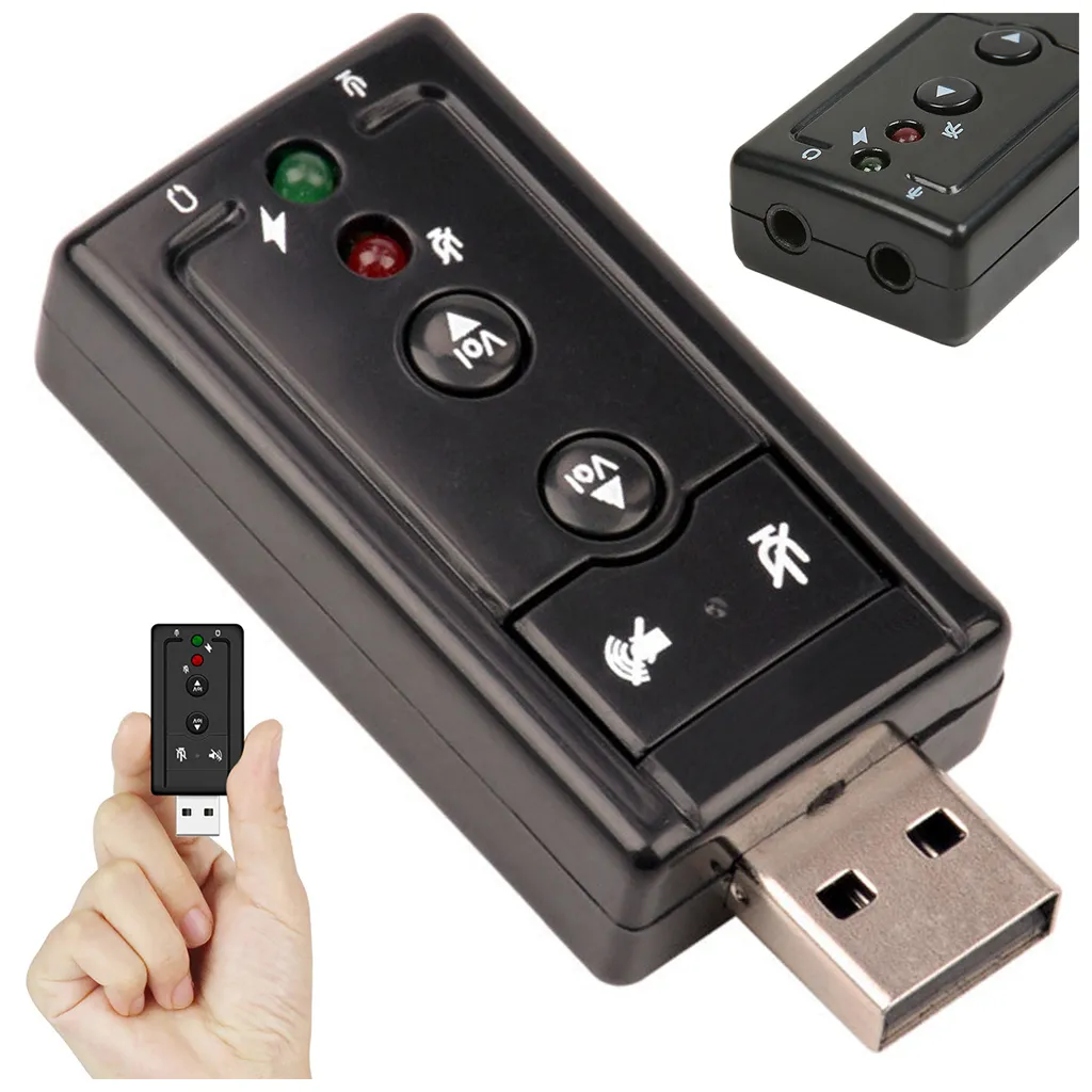USB-csatlakozóval rendelkező külső hangkártya, 7.1, fejhallgató, mini jack, mikrofon csatlakozó, 6cm x 2.5cm x 1.2cm, fekete