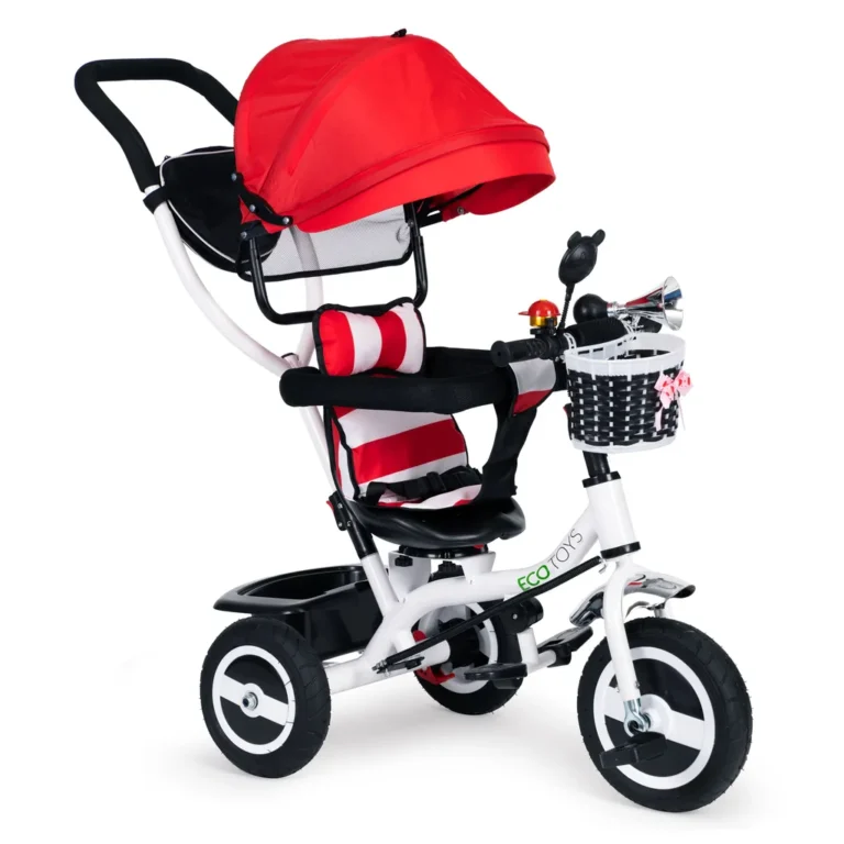 Tolható baba tricikli 360°-ban forgatható üléssel, tárolóval, nappellenzővel, piros