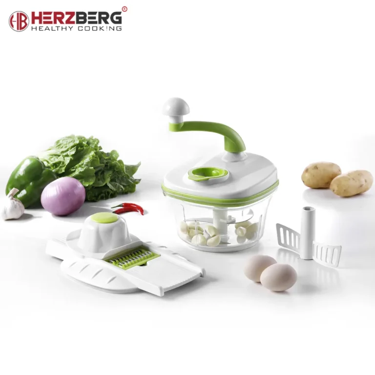 Herzberg 10 az 1-ben zöldségszelő 6 cserélhető rozsdamentes acél pengével, tállal 1.8 l, fehér-zöld