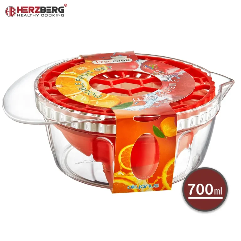Herzberg 2 az 1-ben gránátalma magozó és gyümölcsfacsaró, BPA mentes, 700 ml, piros/átlátszó