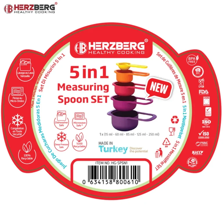 Herzberg 5 az 1-ben mérőkanál/adagolókanál készlet, BPA mentes, 15/60/85/125/250 ml, többszínű