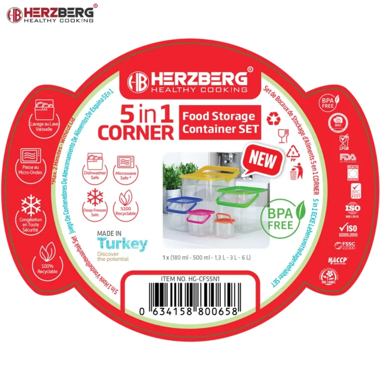 Herzberg 5 az 1-ben füles ételtároló készlet, BPA mentes, 180/500ml, 1,3/3/6l, többszínű