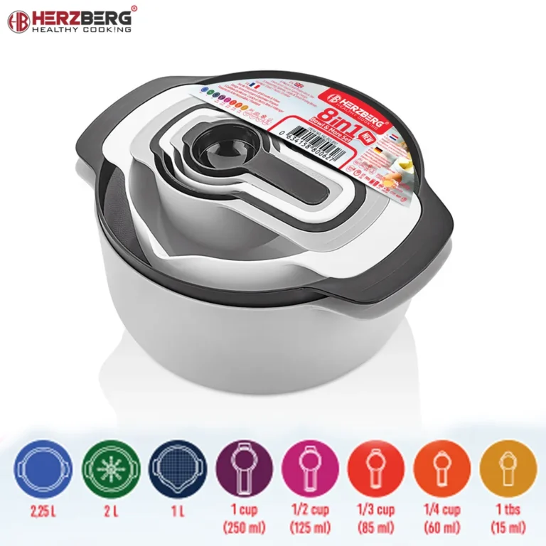 Herzberg 8 az 1-ben tál és mérőkanál készlet, BPA mentes, 1/2/2.25 l, 15/60/85/125/250 ml, fehér/szürke