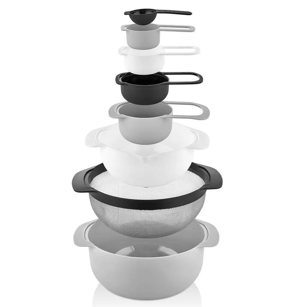 Herzberg 8 az 1-ben tál és mérőkanál készlet, BPA mentes, 1/2/2.25 l, 15/60/85/125/250 ml, fehér/szürke