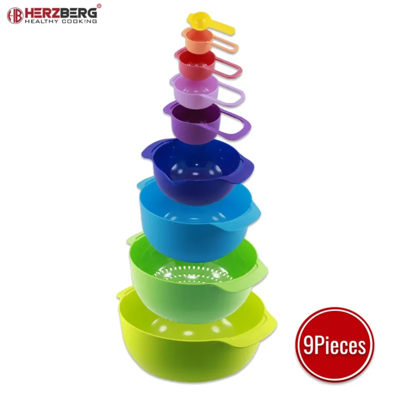 Herzberg 9 az 1-ben tál és mérőkanál készlet, BPA mentes, 1/2.25/3.5/5 l, 15/60/85/125/250 ml, többszínű