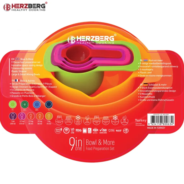 Herzberg 9 az 1-ben tál és mérőkanál készlet, BPA mentes, 1/2.25/3.5/5 l, 15/60/85/125/250 ml, többszínű