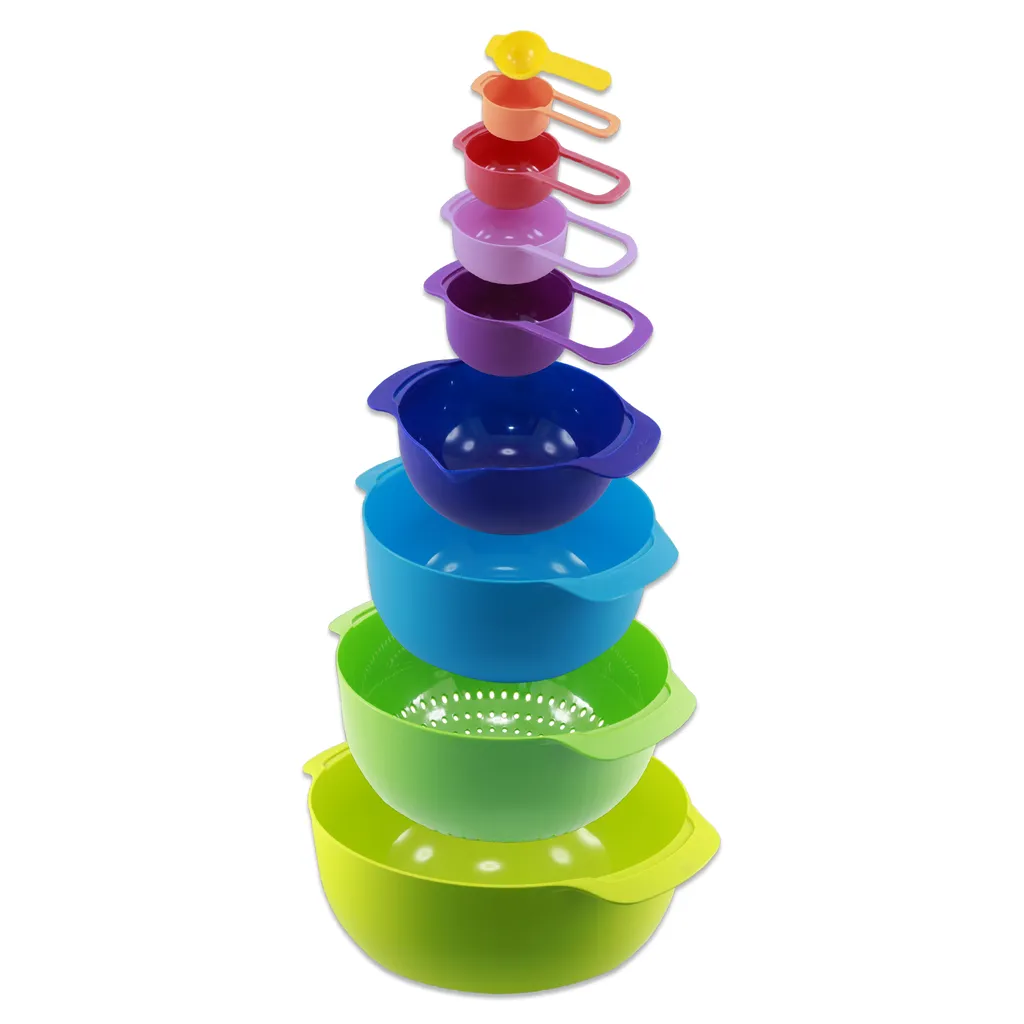 Herzberg 9 az 1-ben tál és mérőkanál készlet, BPA mentes, 1/2.25/3.5/5 l, 15/60/85/125/250 ml, többszínű