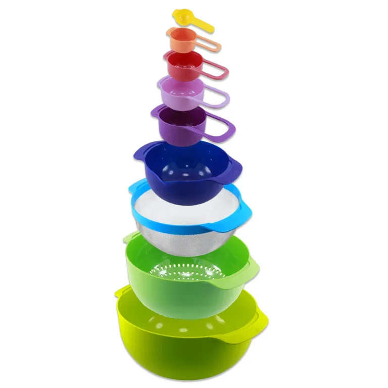 Herzberg 9 az 1-ben tál és mérőkanál készlet, BPA mentes, 1/2/3.5/5 l, 15/60/85/125/250 ml, többszínű