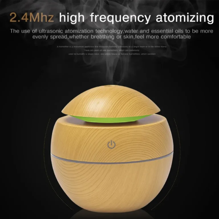 Herzberg ultrahangos levegőpárásító, aromaterápiás diffúzor 130 ml tartállyal, USB tápellátás, szürke fa mintázat